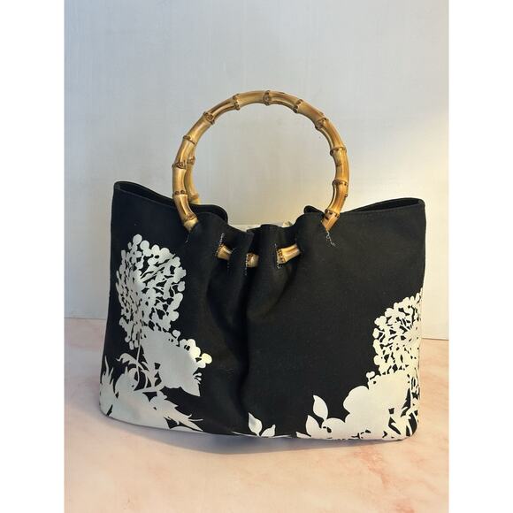 Banana Republic Bamboo Handle Black & Cream Canvas Top Handle Handbag - Picture 11 of 16